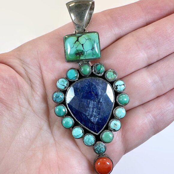 Jewelry - Lapis Pendant, Turquoise, Sterling Silver, Coral, Vintage, Large, 3 1/3" Long
